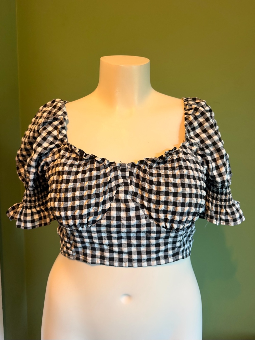 Buffalo David Bitton XL Black & White Gingham Ruched Puff Sleeve Crop Top